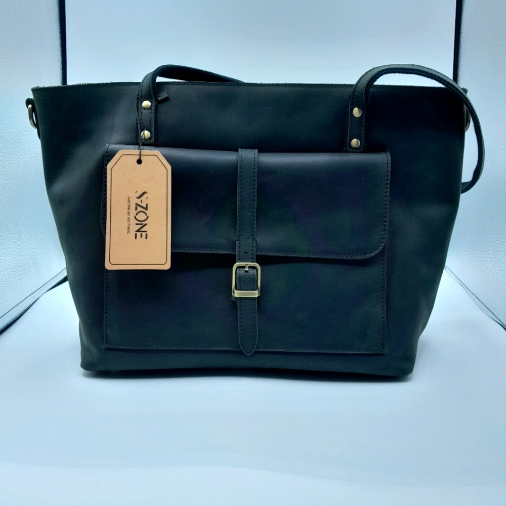 S-ZONE Vintage Genuine Leather Black Tote Bag Large Shoulder Purse Handbag NWT
